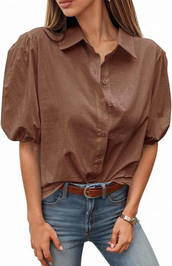 Tankaneo Women's Button Down Shirts Short Puff Sleeve Collared Dressy Casual Blouse Tops | Amazon (US)