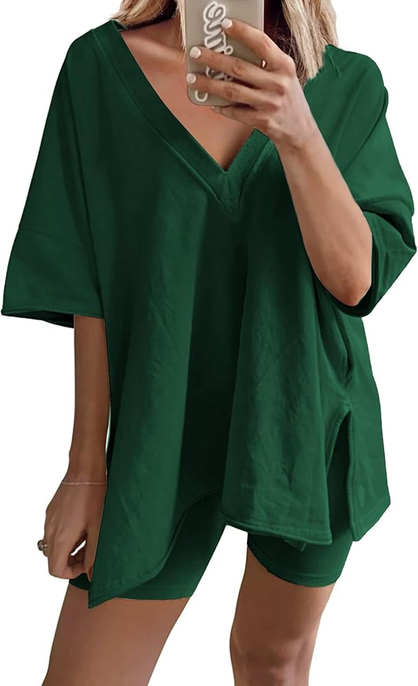 2 Piece Outfits for Women Reversible Oversized T Shirt Biker Shorts Sets Workout Tracksuit | Amazon (US)