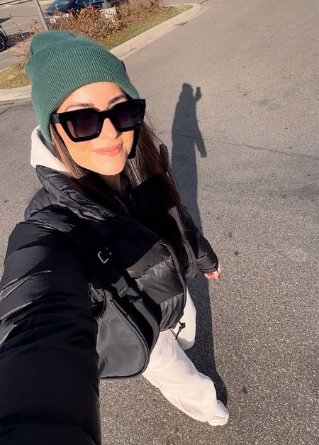 Yesterday’s comfy OOTD 
Puffer jacket: sized up to a M for a roomy fit 
Hoodie: tts (S)
Sweatpants: tts (S long)
Favorite sunglasses 🕶️ 

#LTKSeasonal #LTKfindsunder100 #LTKfindsunder50