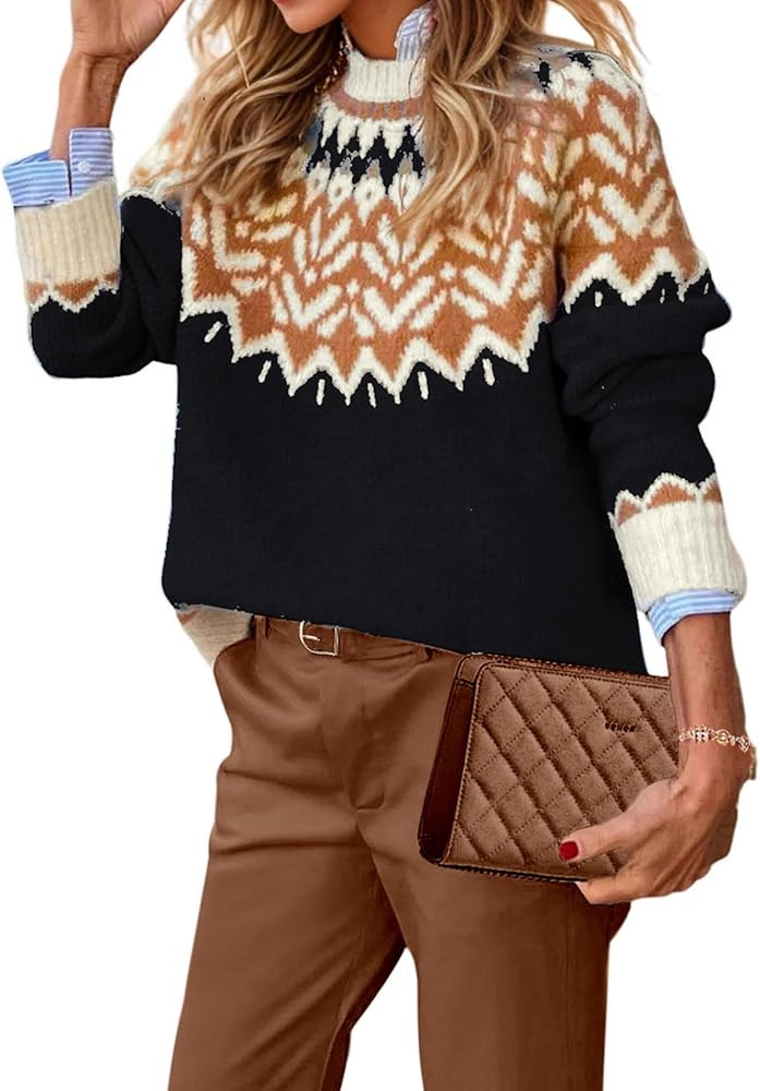 EARKOHA Women's Casual Mock Neck Ribbed Sweater Pullover 2025 Fall Long Sleeve Print Fair Isle Sw... | Amazon (US)