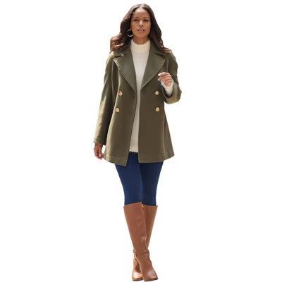 Roaman's Plus Size Wool Blend A-Line Peacoat - 14/16, Dark Olive Green | Target
