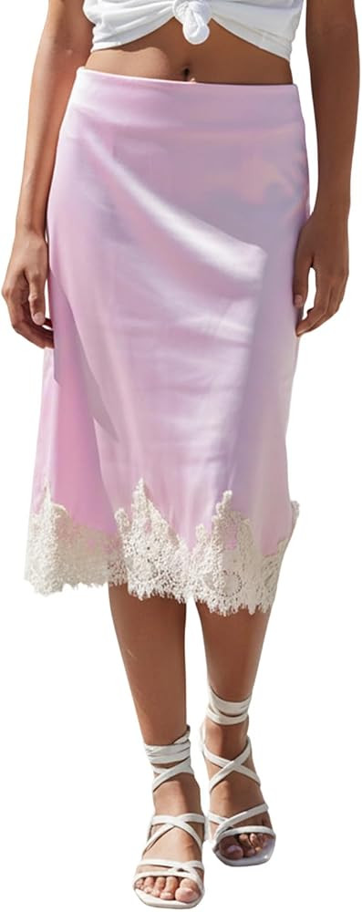 Women Silk Satin Half Slip Long Skirts Lace Patchwork Elastic Waist Long Skirt Elegant Silky Flow... | Amazon (US)