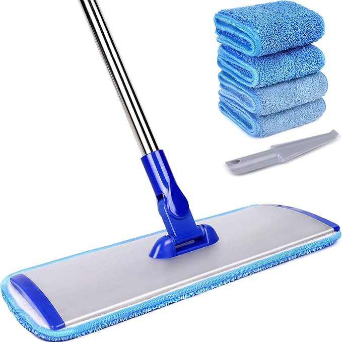 18" Professional Microfiber Mop Floor Cleaning System, Flat Mop with Stainless Steel Handle, 4 Re... | Amazon (US)