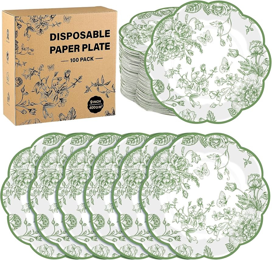 100 Pieces Sage Green Floral Paper Plates 9 Inches Disposable Green Flower Scalloped Plates Vinta... | Amazon (US)