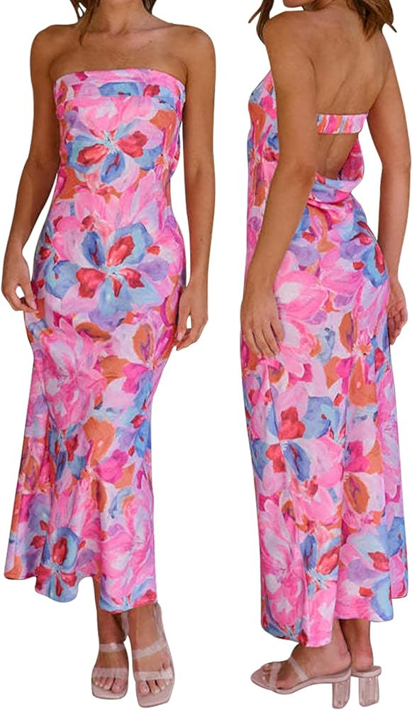 Women's Sexy Satin Tube Maxi Dress Elegant Silk Strapless Open Back Party Cocktail Wedding Guest ... | Amazon (US)