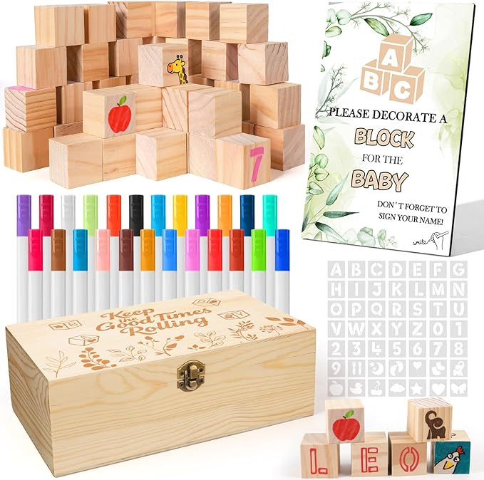 ELESTONE 119 PCS Baby Shower Blocks Game Set with Wooden Box and Decorative Square Sign, 44 DIY B... | Amazon (US)