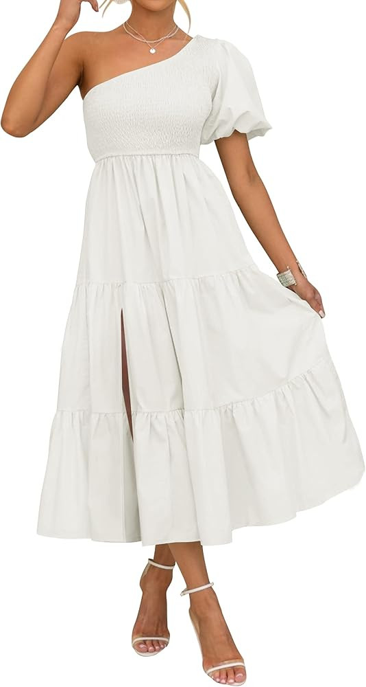 ZESICA Women's 2024 Boho Summer One Shoulder Short Sleeve Smocked Side Split Ruffle Swing Midi Dr... | Amazon (US)