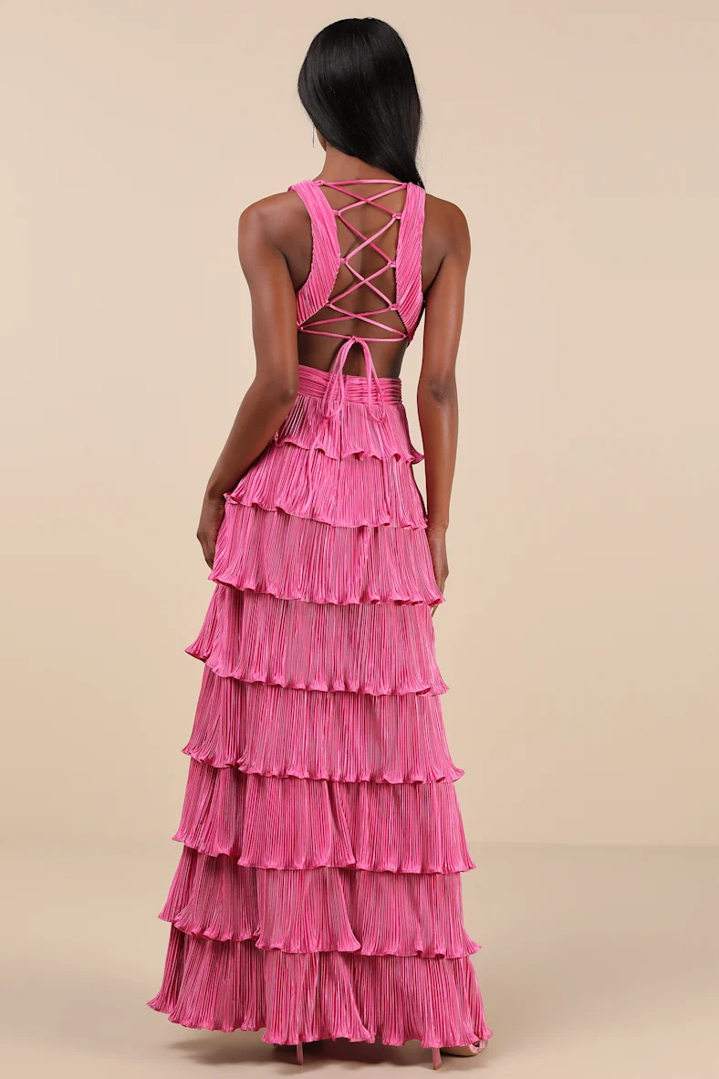Beauty Icon Pink Satin Pleated Tiered Lace-Up Maxi Dress | Lulus