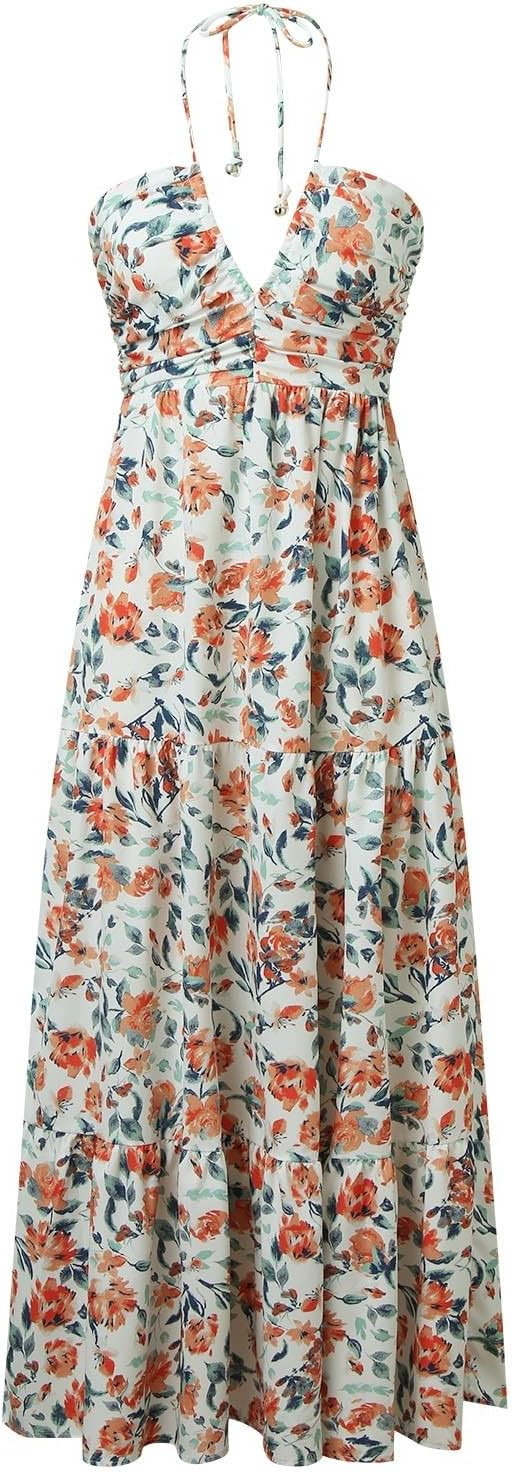 Women Sexy Sleeveless Halter Neck Maxi Dress Backless Ruffle Hem Tiered Flowy Long Dress Summer L... | Amazon (US)