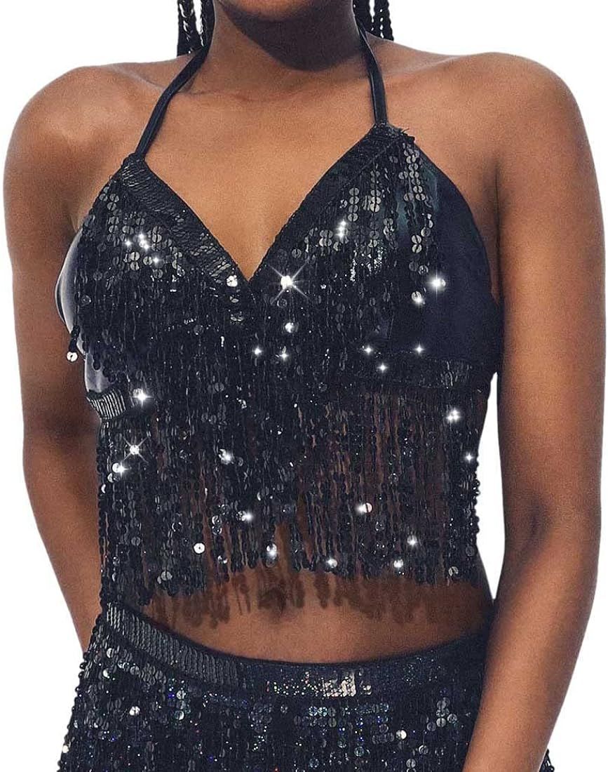 Victray Women Belly Dance Crop Top Sequin Halter Top Bandage Tank Top Strappy Backless Tube Top T... | Amazon (US)