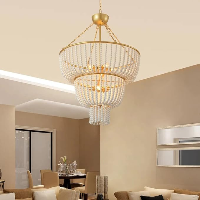 LOVEDIMA Gold Pendant Hanging Light,2-Tier Metal Ring Frame White Ceramic Beads Ceiling Chandelie... | Amazon (US)