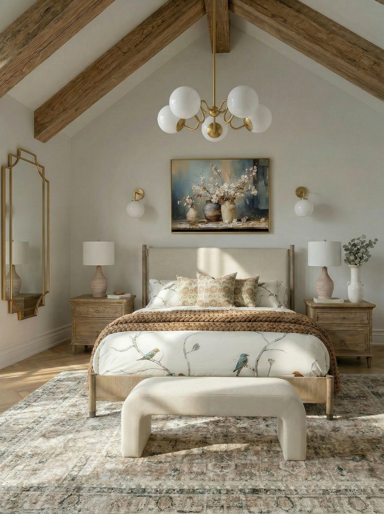 Upholstered bed with wood frame
Nightstands 
6-drawer wood dresser 
Wood upholstered Accent chair 
Upholstered bench
Mid-century style chandelier (brass + globe bulbs)
Wall sconces
Table lamps
 artwork 
Decorative mirror (arched, gold frame)
Area rug vintage-style, muted tones
Brown Throw blanket (chunky knit)
Floral Decorative pillows
Candlesticks
Decorative trays
Small bowls
Books 
Sculptural decor objects
Vases with greenery/branches
@Wayfair 


#LTKSaleAlert #LTKHome