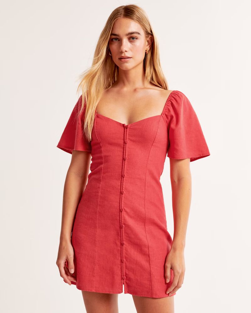 Women's Linen-Blend Button-Through Mini Dress | Women's | Abercrombie.com | Abercrombie & Fitch (US)
