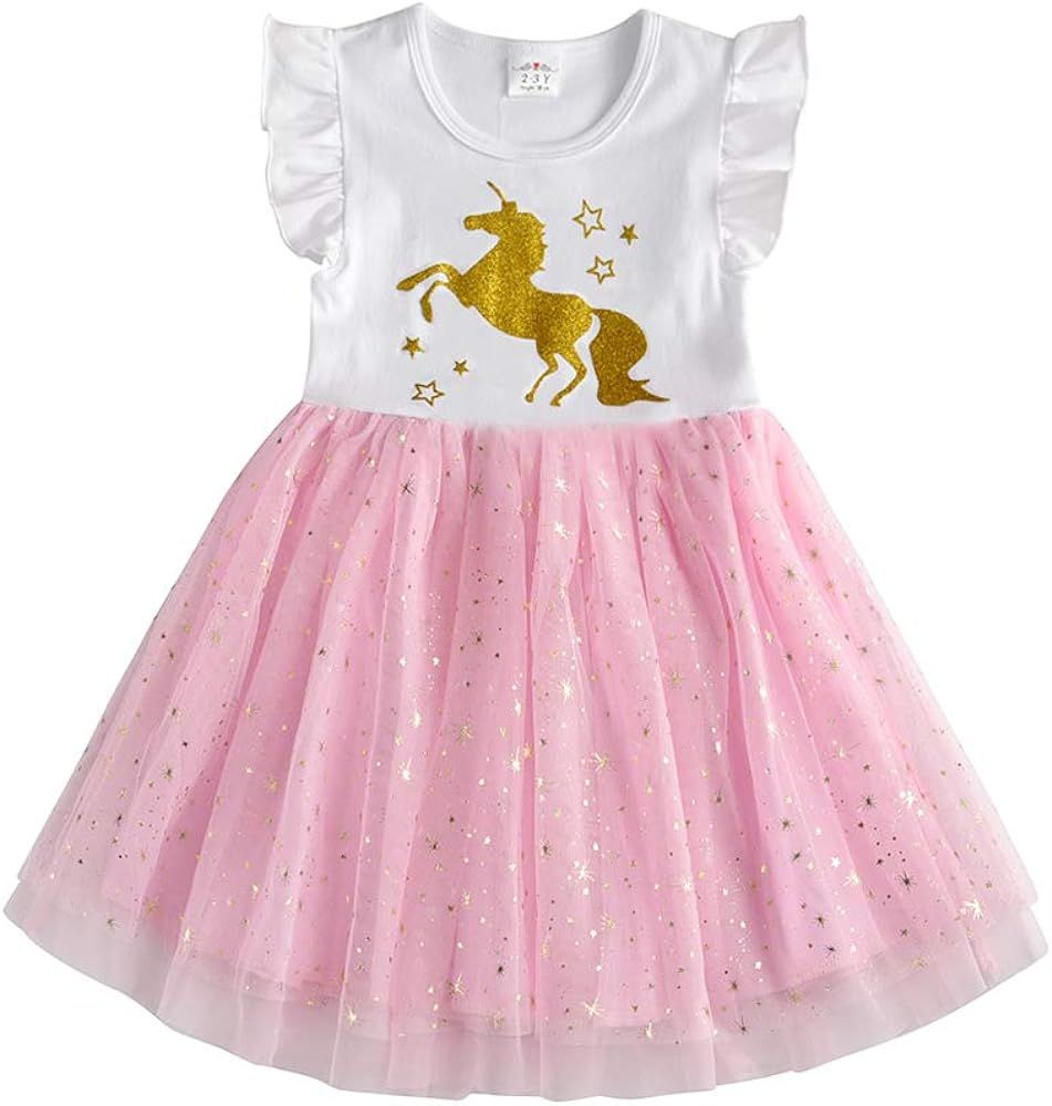 DXTON Toddler Girls Summer Dresses Short Sleeve Tutu Dress for 2-8 Years Girls | Amazon (US)