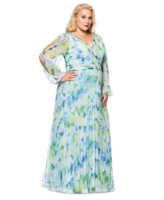 Betsy & Adam Plus Size Printed Pleated Long-Sleeve Gown - Macy's | Macy's