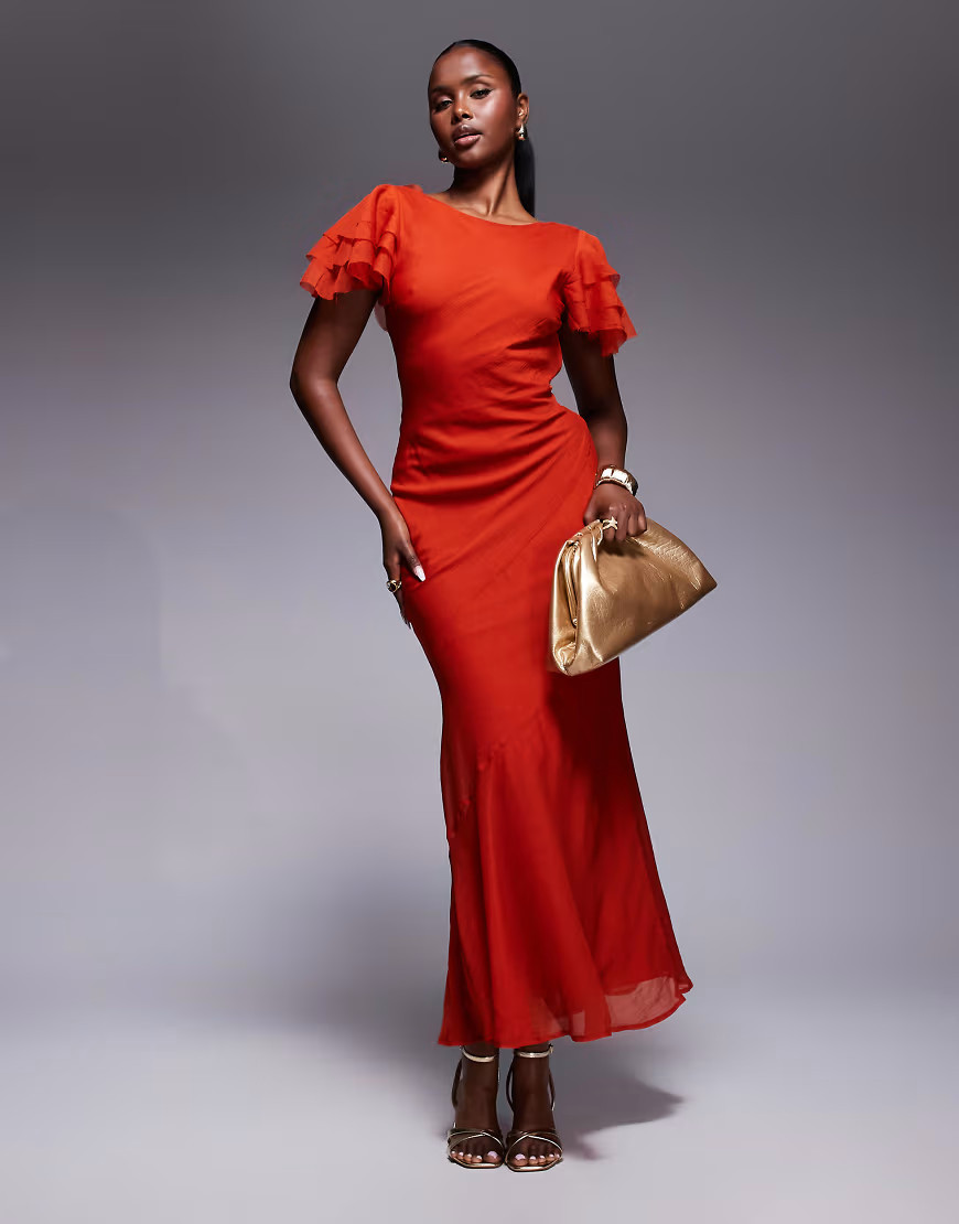 ASOS DESIGN ruffle sleeve high neck maxi dress in red | ASOS (Global)