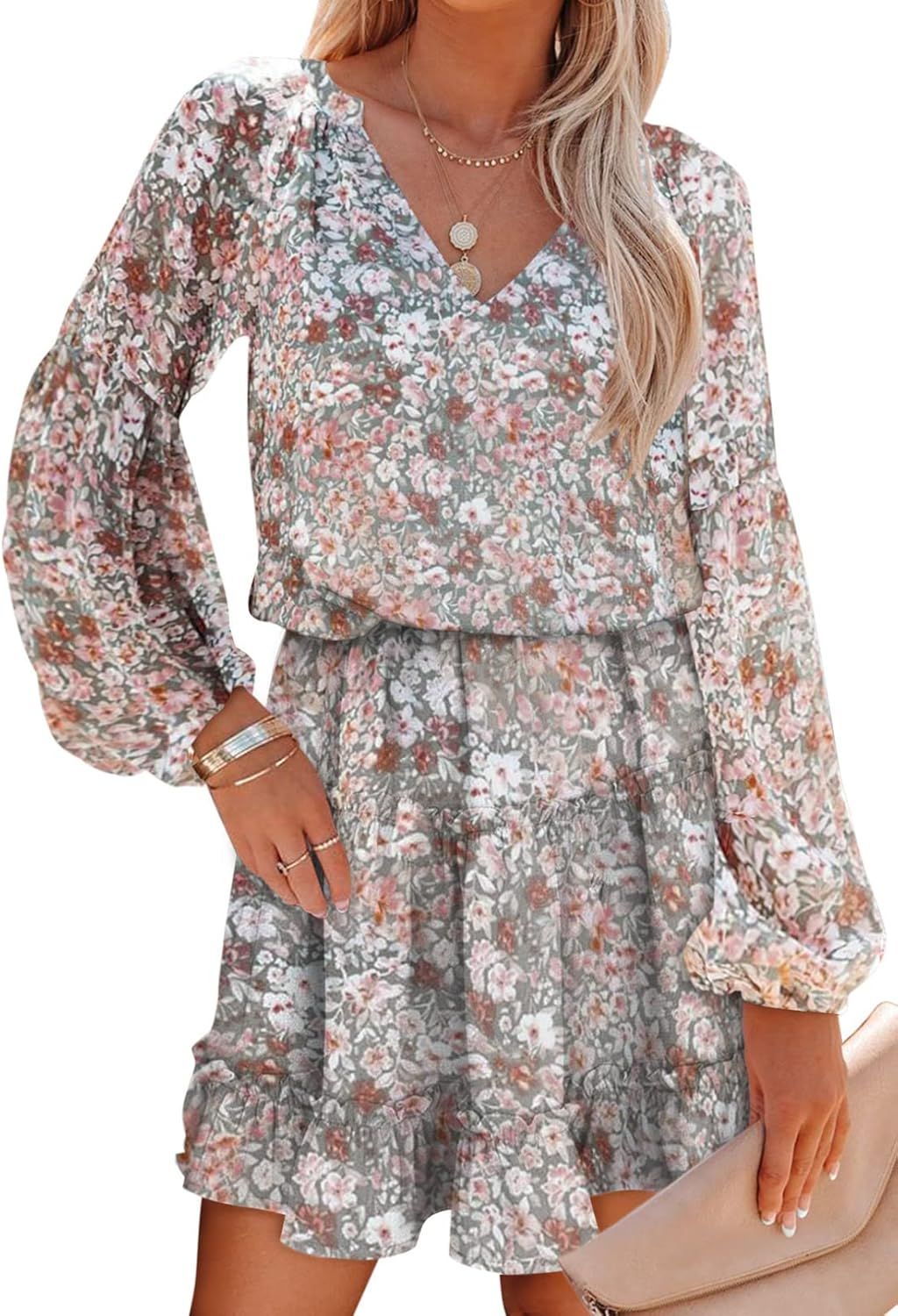 SHEWIN Womens Summer Boho Floral Print Dress Ruffle V Neck Long Sleeve Flowy Loose Casual Midi Dress | Amazon (US)