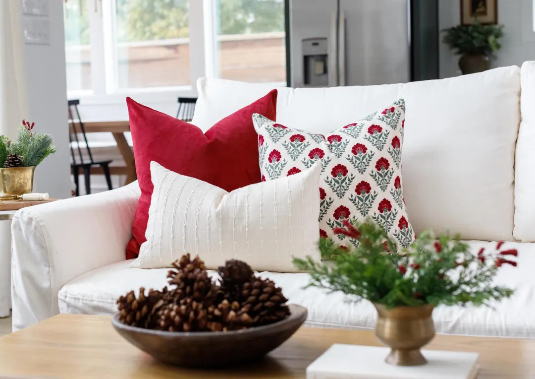 Set of 3 Christmas Pillows: Red Floral Block Print Pillow Cover, Farmhouse & Boho Throw Pillows f... | Etsy (US)