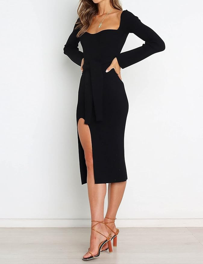 Womens Sweetheart Neckline Tie Waist Ribbed Knitted Dress Long Sleeve Split Bodycon Midi Sweater | Amazon (US)