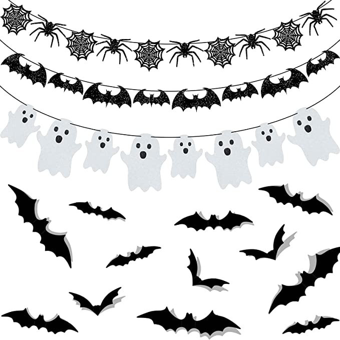 39 Pieces Halloween Decorations Black Glittery Bat Banner Spider Ghost Garland 3D Bat Wall Sticke... | Amazon (US)