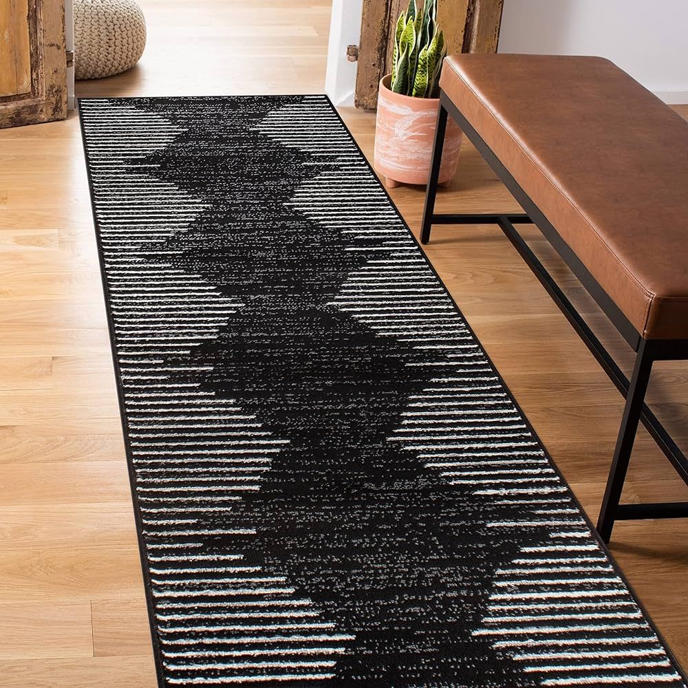 Rugshop Bohemian Stripe Stain Resistant High Traffic Living Room Kitchen Bedroom Dining Home Office Runner Rug 2'x7' Black | Amazon (US)