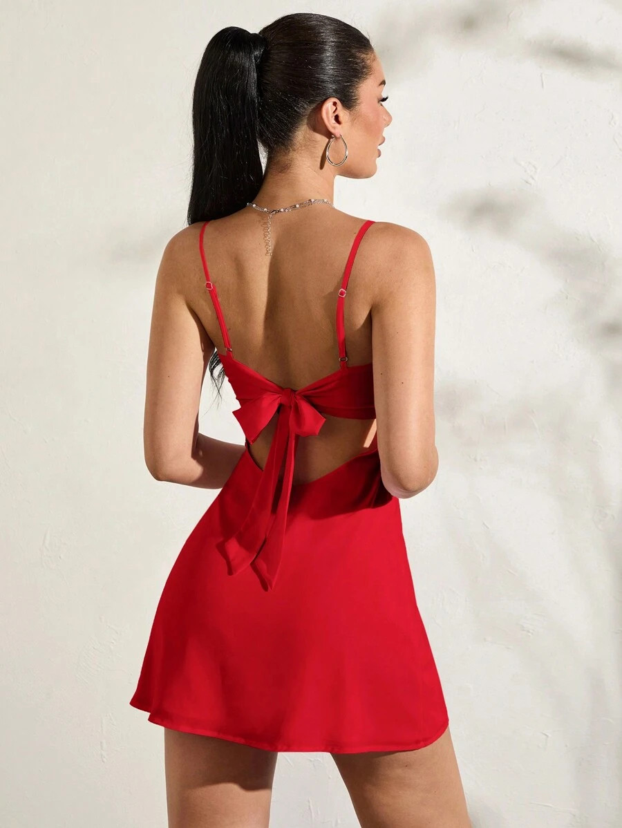 SHEIN BAE Women's Sexy Backless Bowknot Halter Sleeveless A-Line Summer Dress | SHEIN