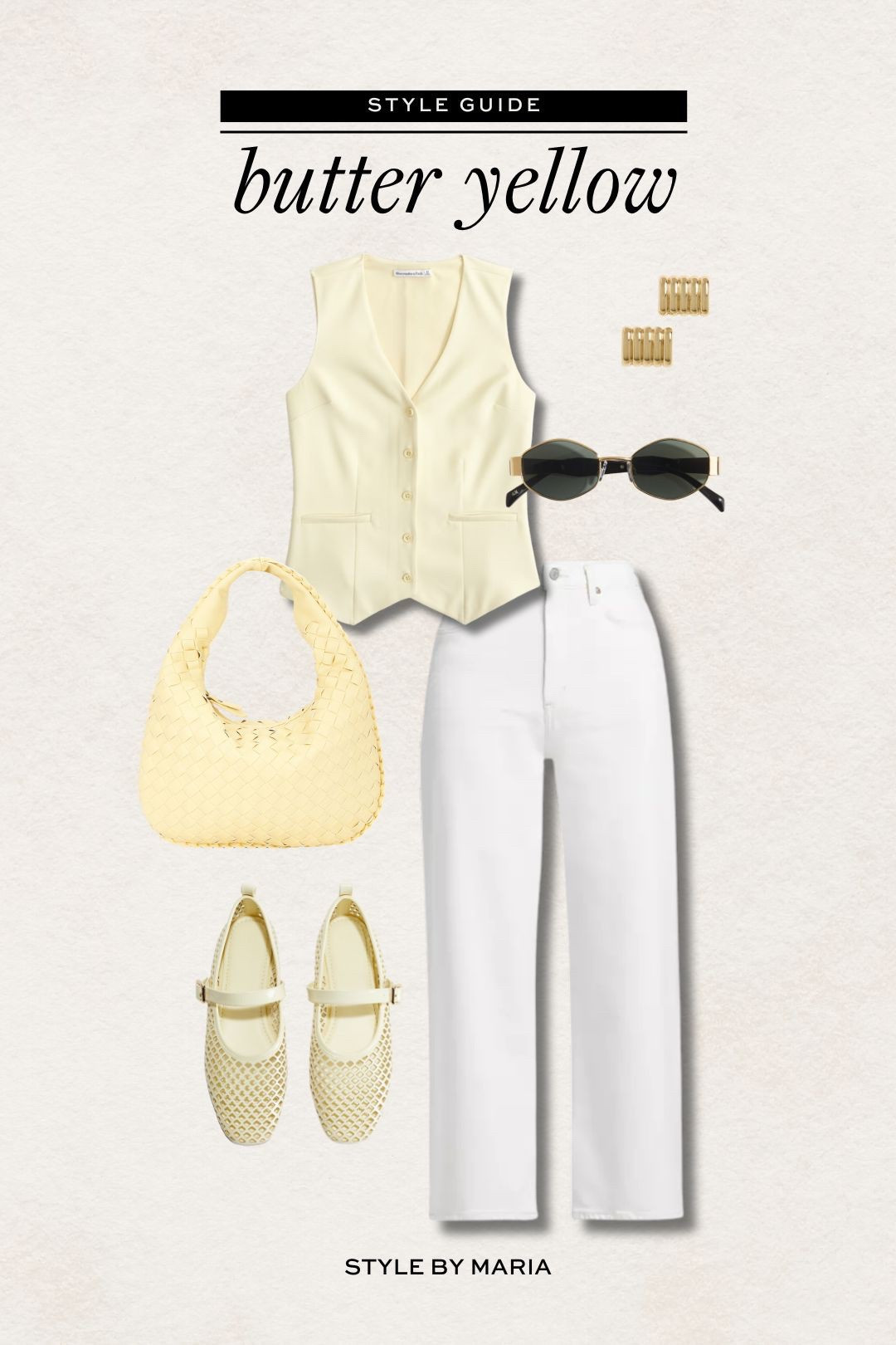 Butter yellow outfit ideas
Abercrombie butter yellow vest
Abercrombie white jeans
H&M yellow ballet flats
Revolve yellow braided bag 

#LTKFindsUnder50 #LTKShoeCrush #LTKFindsUnder100