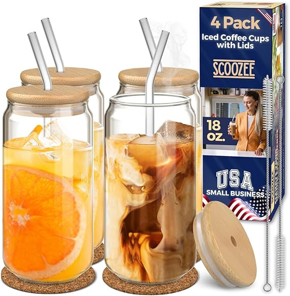 Scoozee Iced Coffee Cups with Lids [4 Pcs-18Oz] Beer Glasses with Bamboo Lids & Glass Straws, Whi... | Amazon (US)