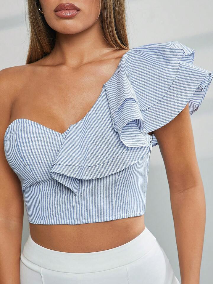 L'Amorae Women's Open Shoulder Ruffled Striped Casual Blouse | SHEIN