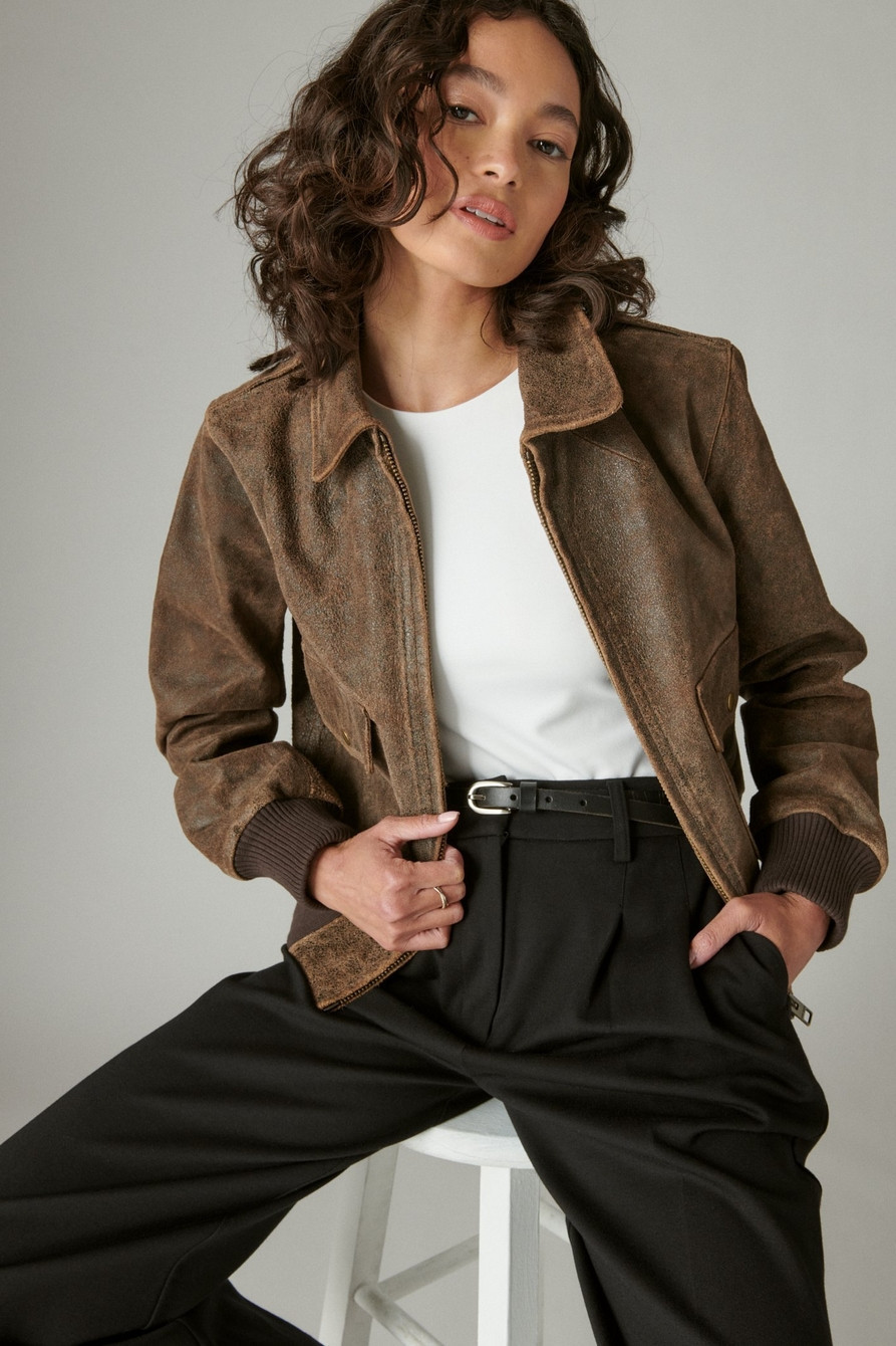 DISTRESSED CROPPED LEATHER BOMBER JACKET | Lucky Brand