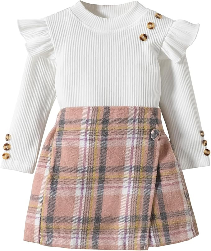 Fernvia Toddler Girl Fall Winter Clothes Ruffles Long Sleeve Shirt and Plaid Shorts Skirt Kids Li... | Amazon (US)