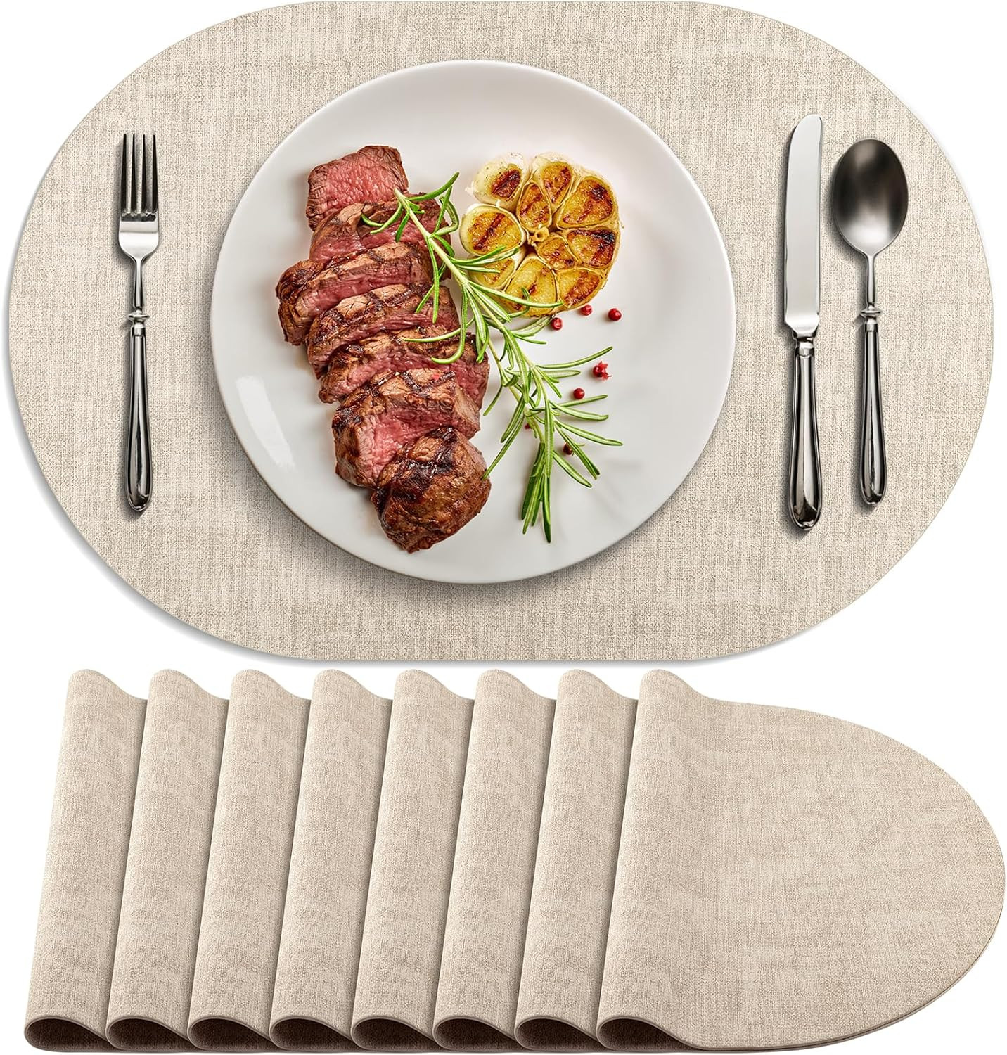 Placemats for Dining Table Set of 8 Non-Slip, Heat Resistant Oval Leather Placemat Double Layer, Waterproof Table Mats Easy to Clean for Kitchen Dining Room Coffee Office Table, Beige | Amazon (US)