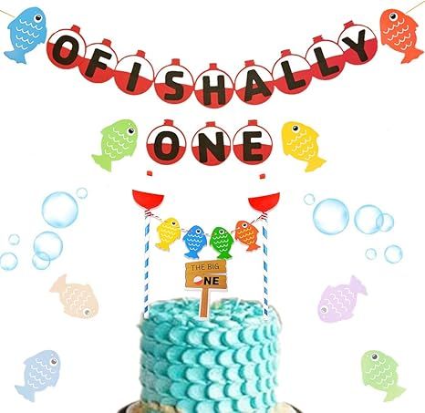 JeVenis Set of 2 Ofishally One Banner Gone Fishing Party Decorations The Big One Cake Topper The ... | Amazon (US)