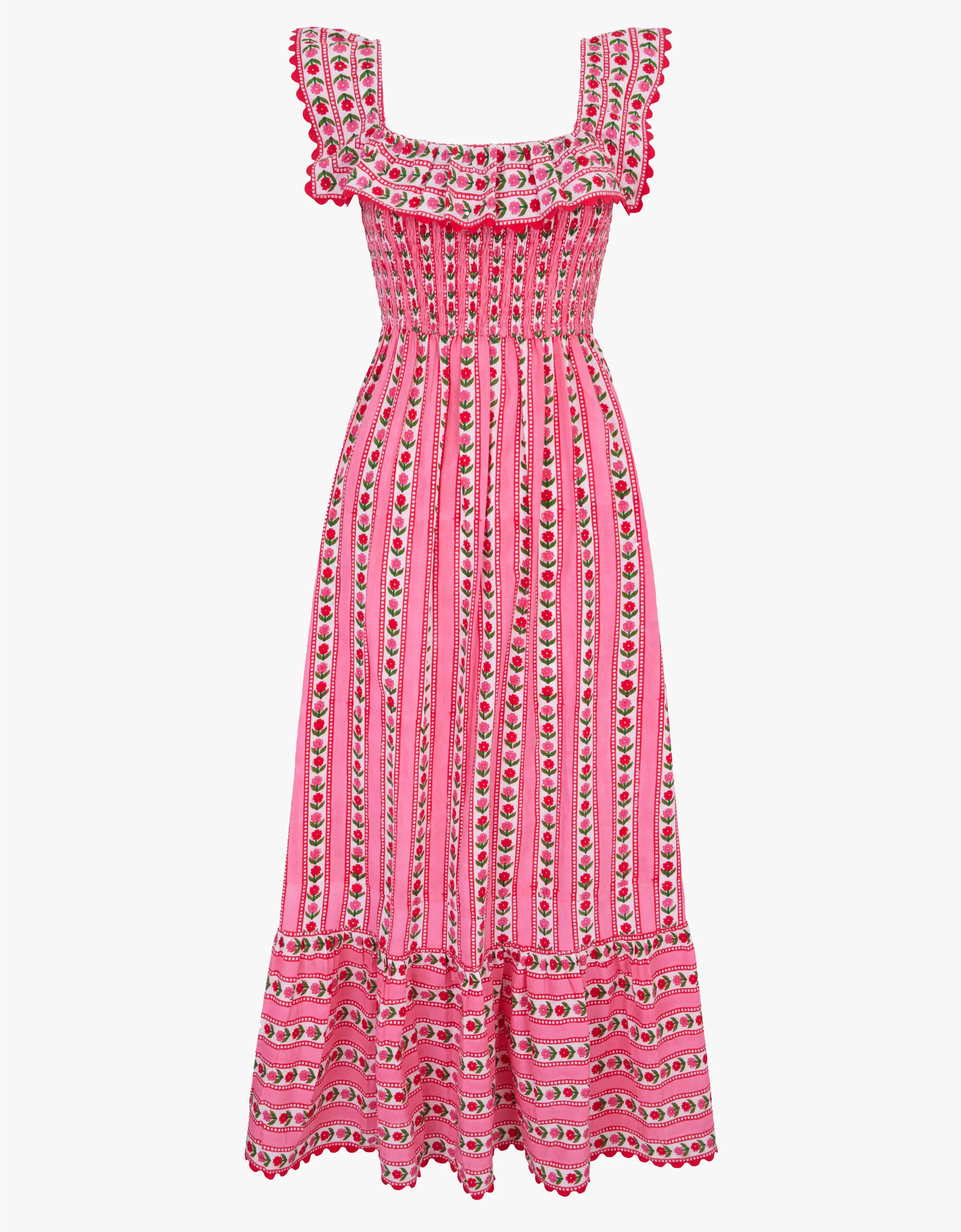 Carrie Dress | Pink, Red, White Floral Midi | Screen Print Cotton | Pink City Prints UK