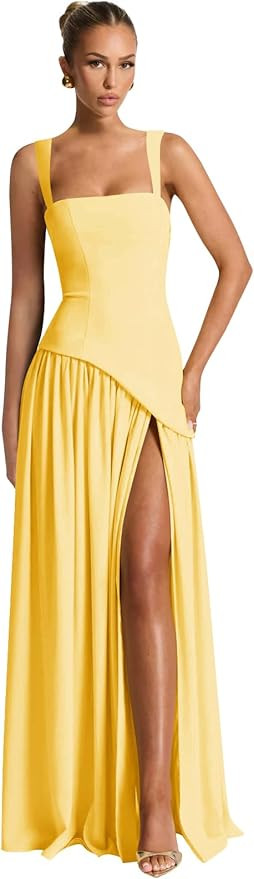 Women's Satin Bridesamaid Dresses with Slit Square Neck Prom Dress Long Formal Evening Party Gown | Amazon (US)