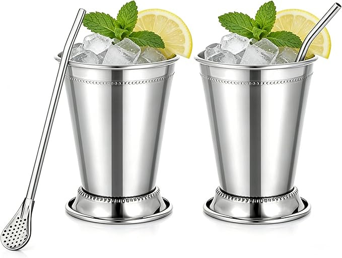 12oz Mint Julep Cups with Straws Set of 2，Stainless Steel Cocktail Glasses Beaded Mint Julep Cu... | Amazon (US)