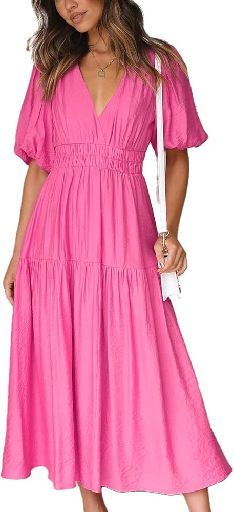 Womens Deep V Neck Puff Short Sleeve Tired Maxi Dress Boho Long Flowy Summer Dresses | Amazon (US)