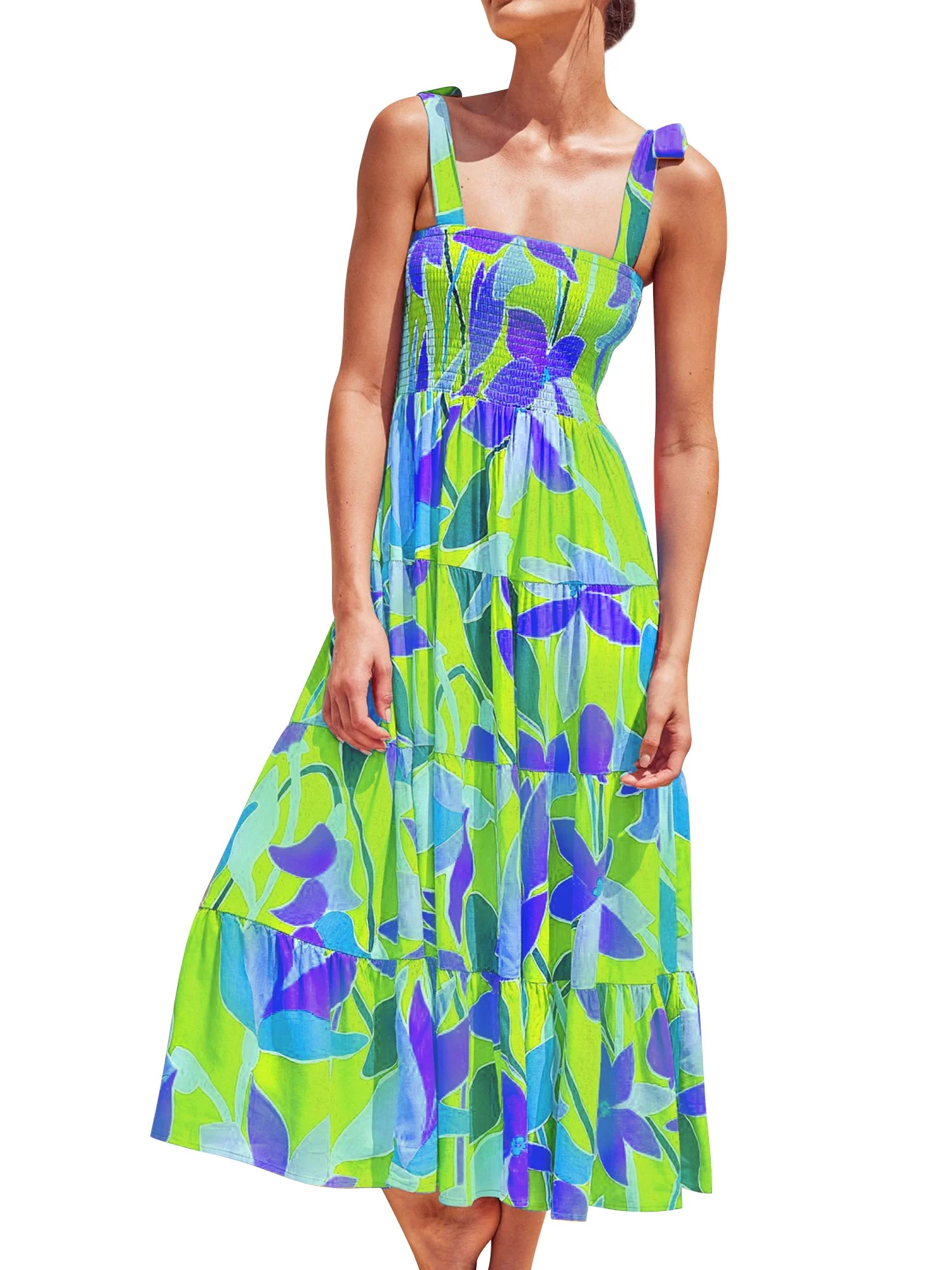 Xuanfei Women Floral Smocked Pleated Layered Beach Lace Up Flowy Midi Dress | Walmart (US)