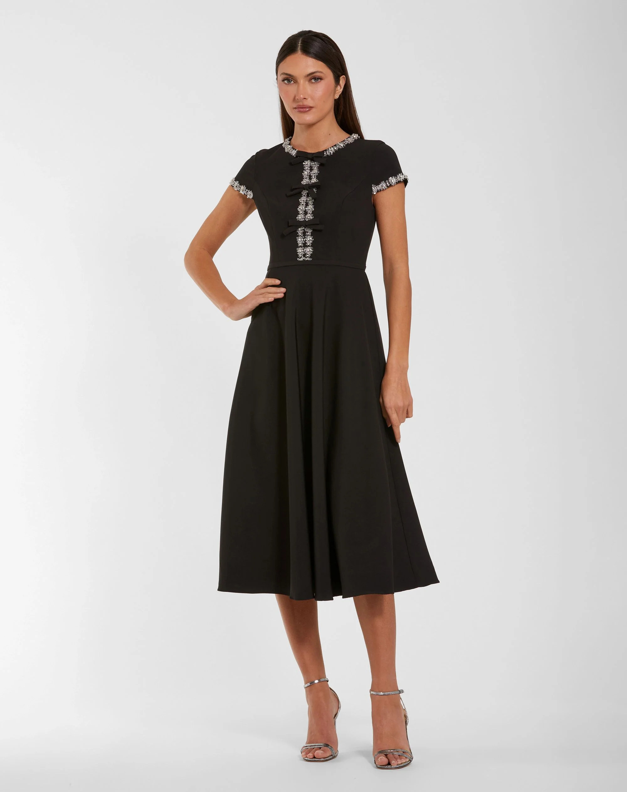 Black Embellished Crepe Cap Sleeve Midi Dress | Mac Duggal