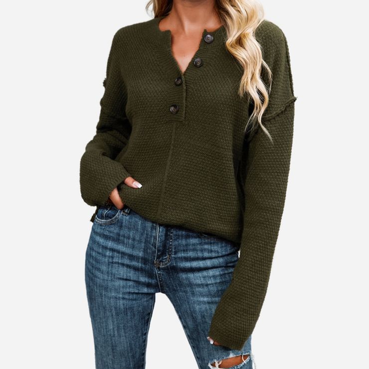 Women's Textured Half-Button Drop Shoulder Sweater -Cupshe - Green | Target
