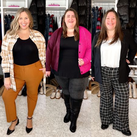 Collective plus size fall workwear outfits from Lane Bryant! Caroline is wearing a pair of pull-on pants in a size 26/28, a black tank in a size 26/28, a button-front cardigan in a size 26/28, and a pair of wide-calf boots. Ashley is wearing a pair of pants in a size 18, a bodysuit in a size 18/20, a shacket in a size 18/20, and a pair of flats. Jess is wearing a pair of plaid flare pants in a size 16S, a lace trim camisole in a size 14/16, a drape blazer in a size 16P, and a pair of lace up boots. 

Lane Bryant is 50% off right now!

#LTKCyberweek #LTKcurves #LTKworkwear