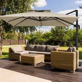 10 ft. x 10 ft. Square Two-Tier Top Rotation Outdoor Cantilever Patio Umbrella with Cover in Beig... | The Home Depot