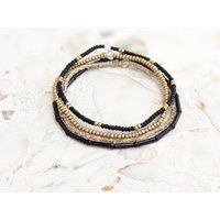 Bracelet Set, Seed Bead Bracelet, Black Gold Stack, Minimalist Beaded Stretch Dainty | Etsy (US)