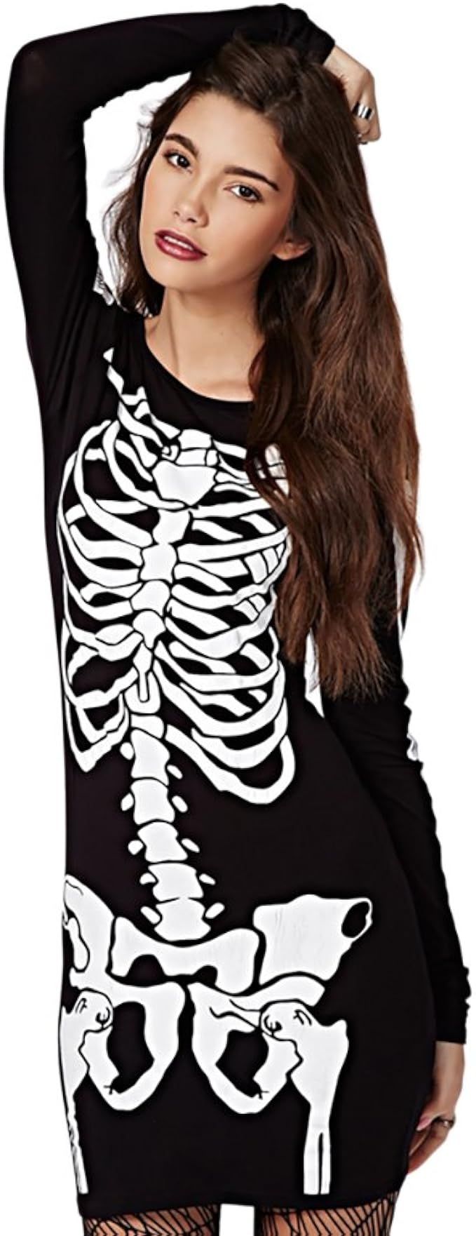 RieKet Women's Halloween Costume Skeleton Dress Long Sleeves Stretchy Short Mini Dress | Amazon (US)