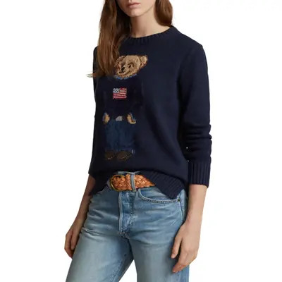 Polo Ralph Lauren Bear Graphic Cotton & Linen Crewneck Sweater in Navy Multi at Nordstrom, Size X-Large | Nordstrom