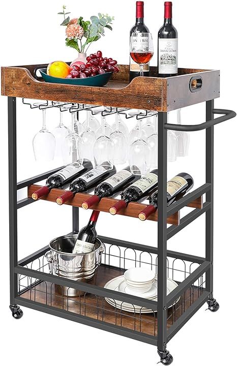 X-cosrack Bar Cart with Wine Rack,Mobile Kitchen Serving Cart with Storage and Glass Holder,Remov... | Amazon (US)