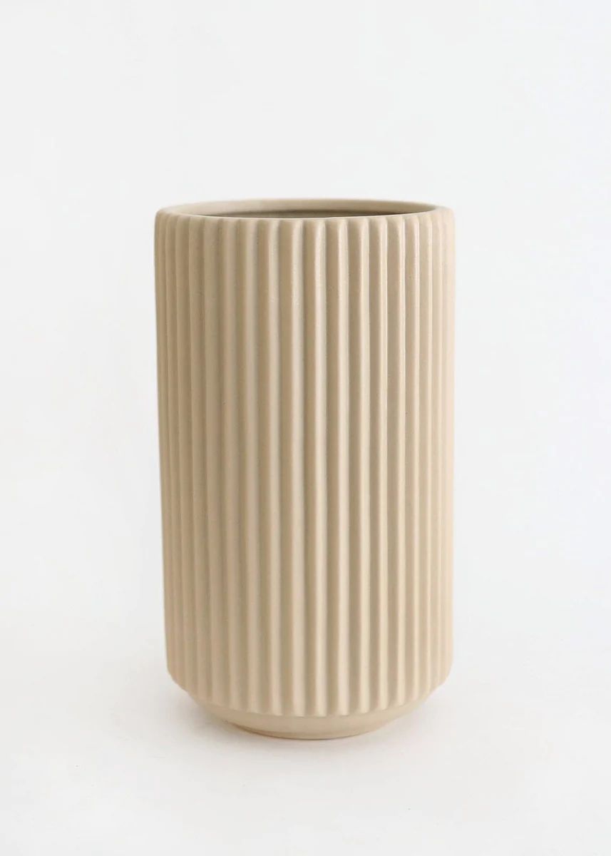 Afloral Ceramic Wide Ridged Beige Vase - 10" | Afloral