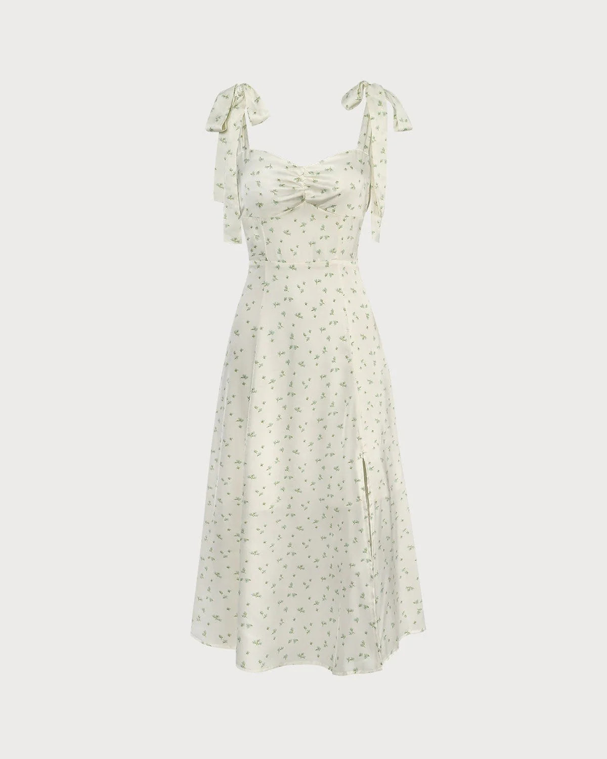 The Light Green Satin Floral Tie Strap Slit Midi Dress - Floral Satin Slip Cocktail Cami Dress - ... | rihoas.com