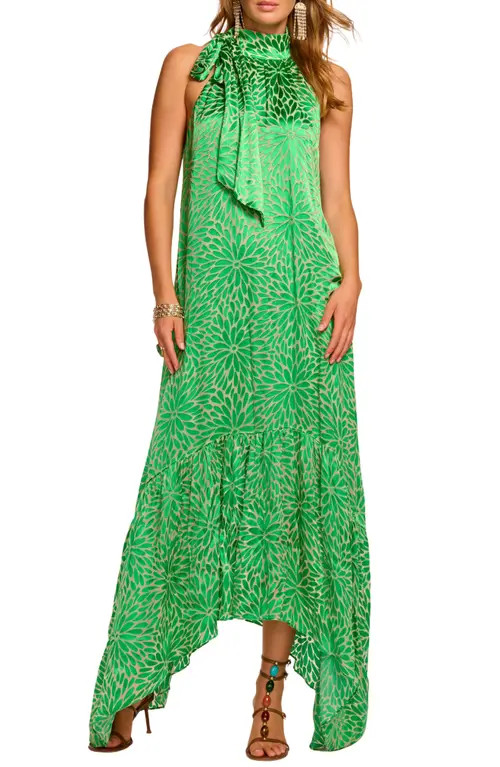 Ramy Brook Nickola Tie Neck Sleeveless Maxi Dress in Bright Palm Burnout at Nordstrom, Size Medium | Nordstrom