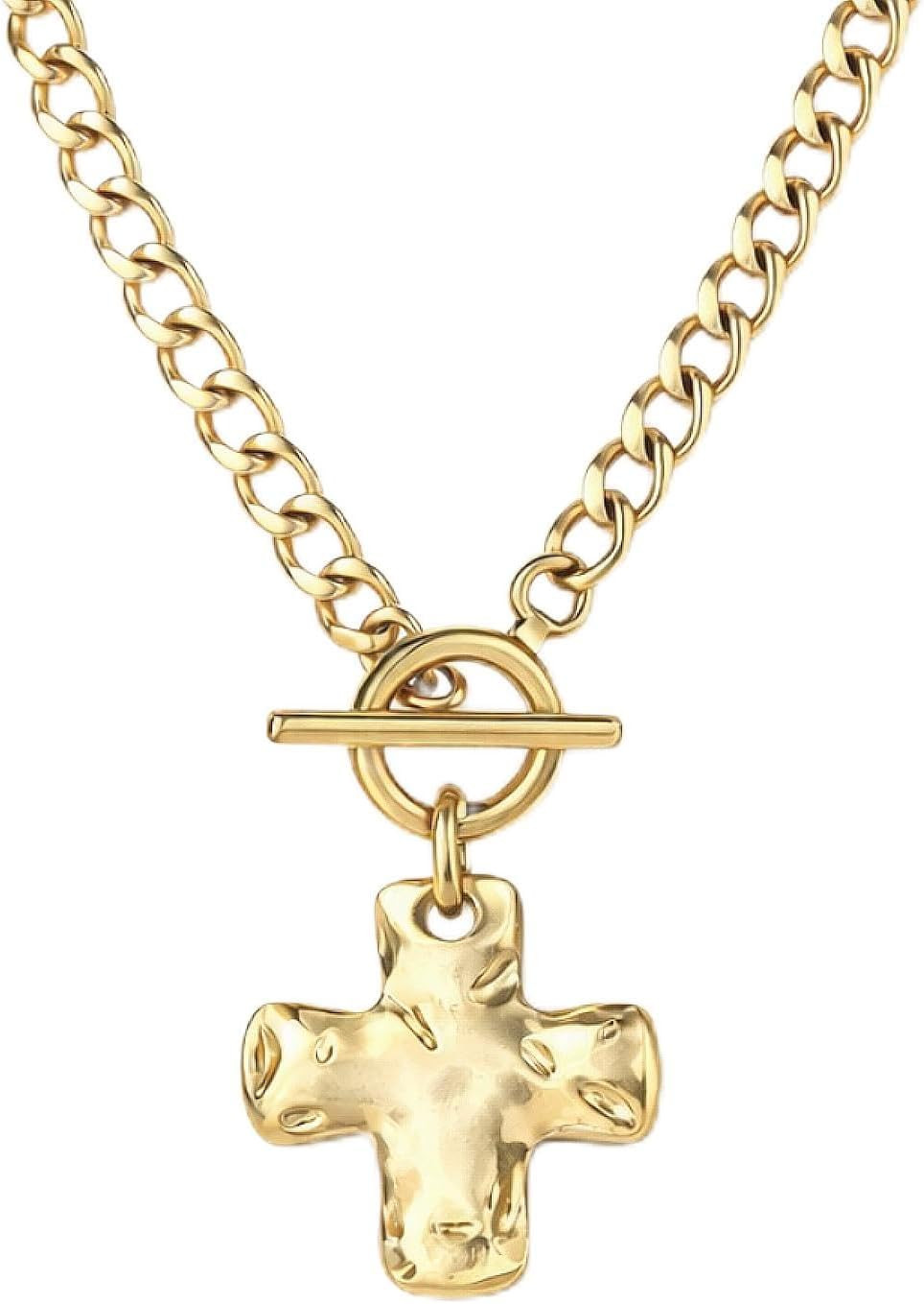Chunky Gold Cross Pendant Necklace for Women, 14K Gold Plated Trendy | Amazon (US)